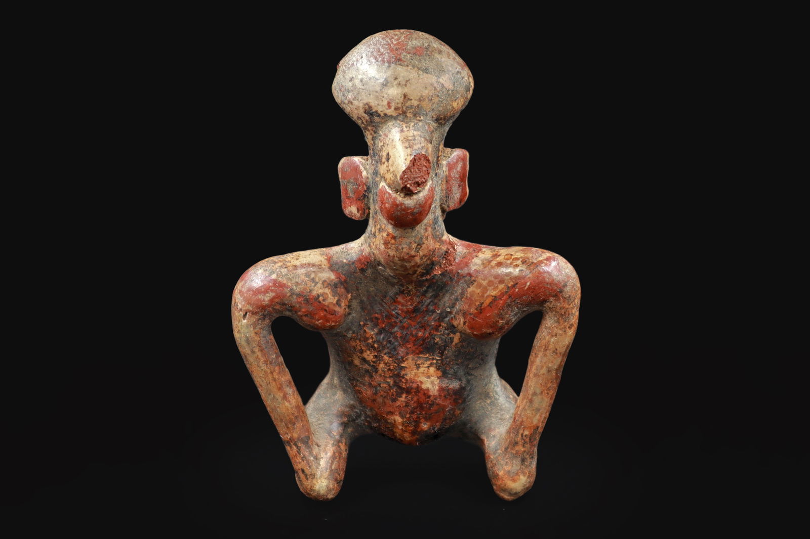 Ancient Pre Columbian Nayarit Pottery Chief, Zoomorphic Male Figure, Chinesco Type 300 BCE to 300 AD: Dimensions, 3.5 x 2.5 x 1.25 inches, All measurements are approximate. Normal surface wear and aging, Broken Ending Point Of The Nose.Provenance: ex-private Los Angeles, California, USA collection;