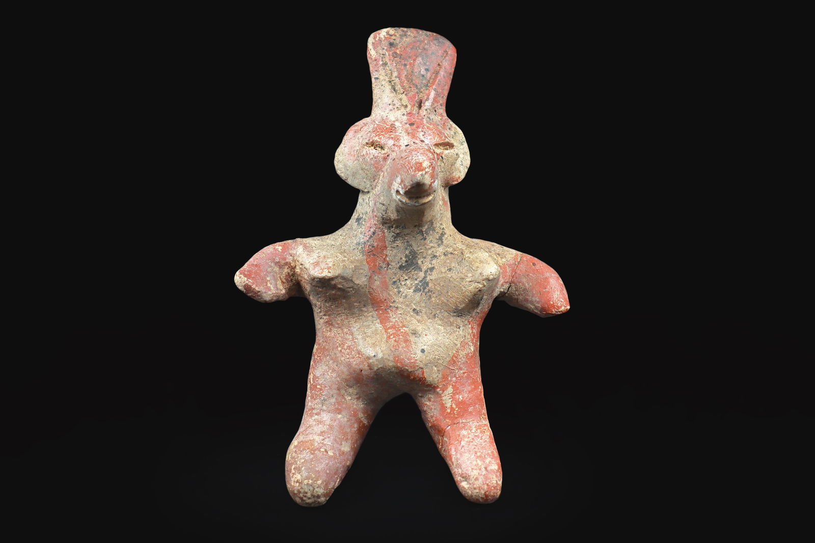 Ancient Pre Columbian Nayarit Pottery Chief, Zoomorphic Female Figure, Chinesco 300 BCE to 300 AD: Dimensions, 3.55 x 2.75 x 1.55 inches, All measurements are approximate. Normal surface wear and aging, no visible cracks or repairs. Sold as pictured.Provenance: ex-private Los Angeles, California,