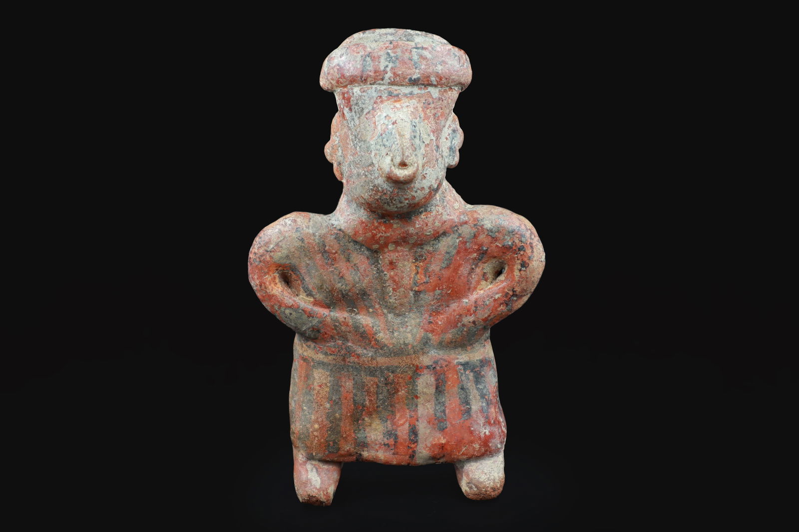 Ancient Pre Columbian Nayarit Pottery Chief, Priest Figure With Dress, Chinesco 300 BCE to 300 AD: Dimensions, 4.35 x 2.75 x 1.25 inches, All measurements are approximate. Normal surface wear and aging, no visible cracks or repairs. Sold as pictured.Provenance: ex-private Los Angeles, California, U