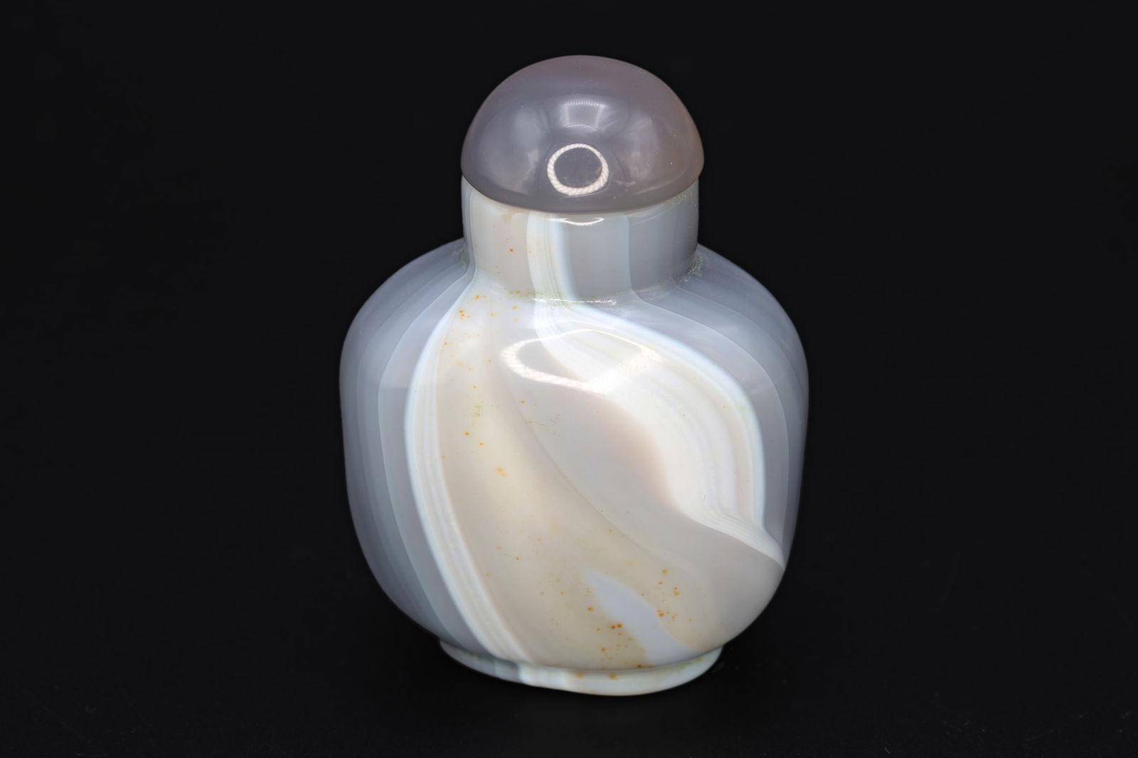 Vintage Early 20th Century Snuff Bottle, Hand Carved Banded Agate Stone, Small Perfume Bottle. Asia: Dimensions, Height 2.3 inches. All measurements are approximate. Condition: Very Good Vintage. Normal Manufacture Imperfections. Natural stone lines. Refer to photos and description. Sold as