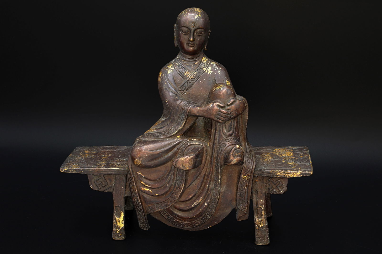 Amitabha Buddha Sitting On The Bench Enshrine, Meditating Bodhisattva, Early 20th C China Republic: Dimensions, Dimensions, Width 4.6 Inches, High 5.2 Inches. All measurements are approximate. Provenance: Private Collector NYC, Purchase At Auction. // A Vintage Sculpture Of The Amitabha Buddha Sitti