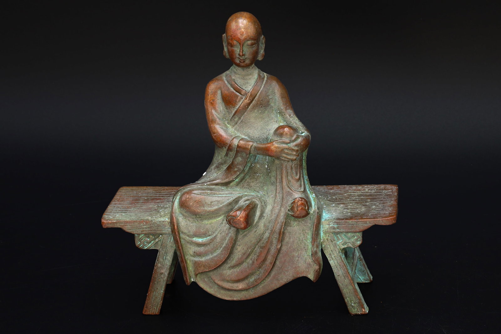 Amitabha Buddha Sitting On The Bench Enshrine, Meditating Bodhisattva, Early 20th C China Republic: Dimensions, Width 4.5 Inches, High 3.5 Inches, All measurements are approximate. Provenance: Private Collector NYC, Purchase At Auction. // A Vintage Sculpture Of The Amitabha Buddha Sitting On The Be