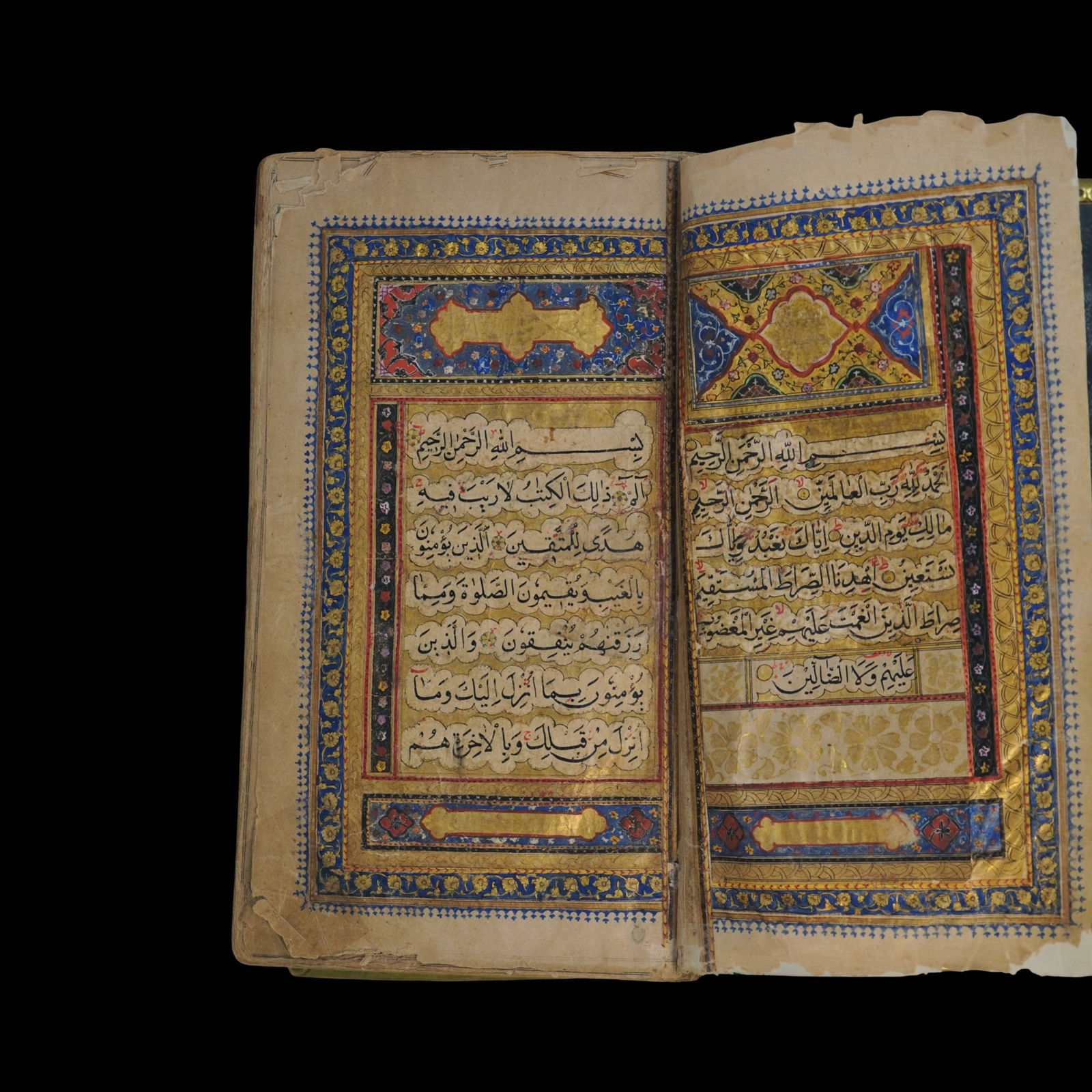 Islamic Ottoman Quran Manuscript W Silk Pouch: Islamic Ottoman Quran Manuscript W Silk Pouch and wooden Mosaic Box 18-19 Century AD, come with silk pouch decorated with Arabic inscriptions and traditional motifs, and Modern wood Mosaic Box,