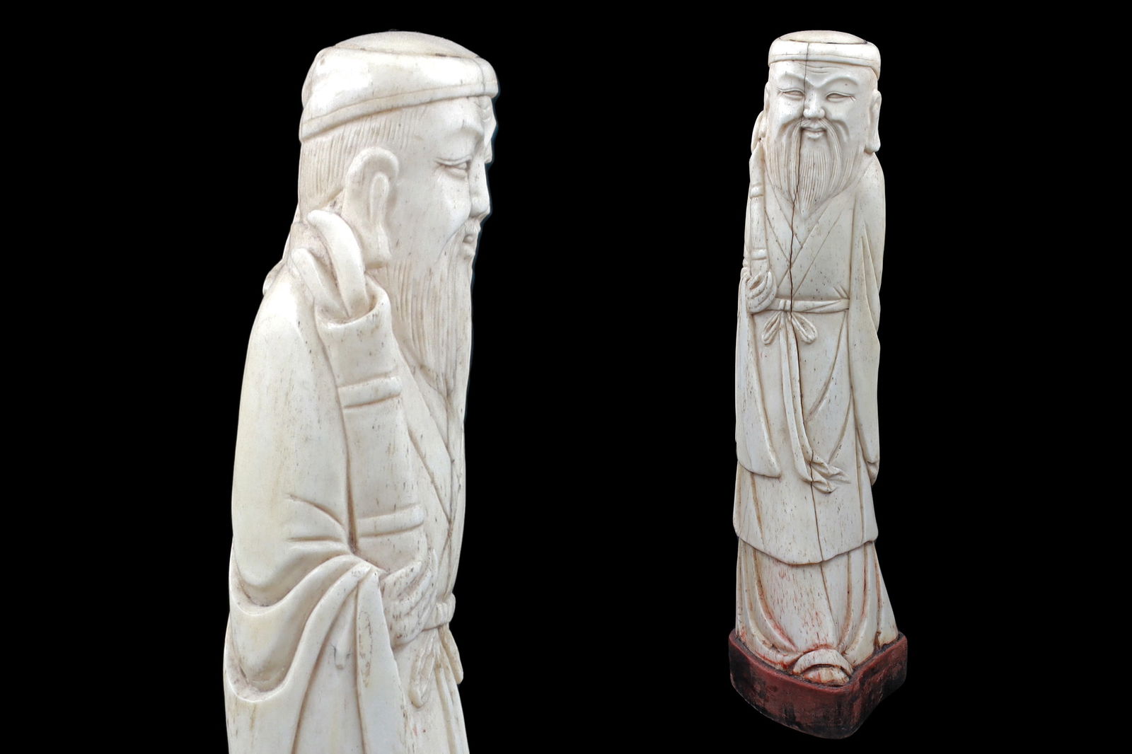Antique 19th Century Late Qing Dynasty Confucian Scholar Figure, Oriental Chinese Carved Ox Bone Art: Dimensions average 7.25 inches Height. All measurements are approximate. Provenance: Private Collector New York USA, Purchase At London UK Auction. // Nicely Crafted Oriental Confucian Scholar Student