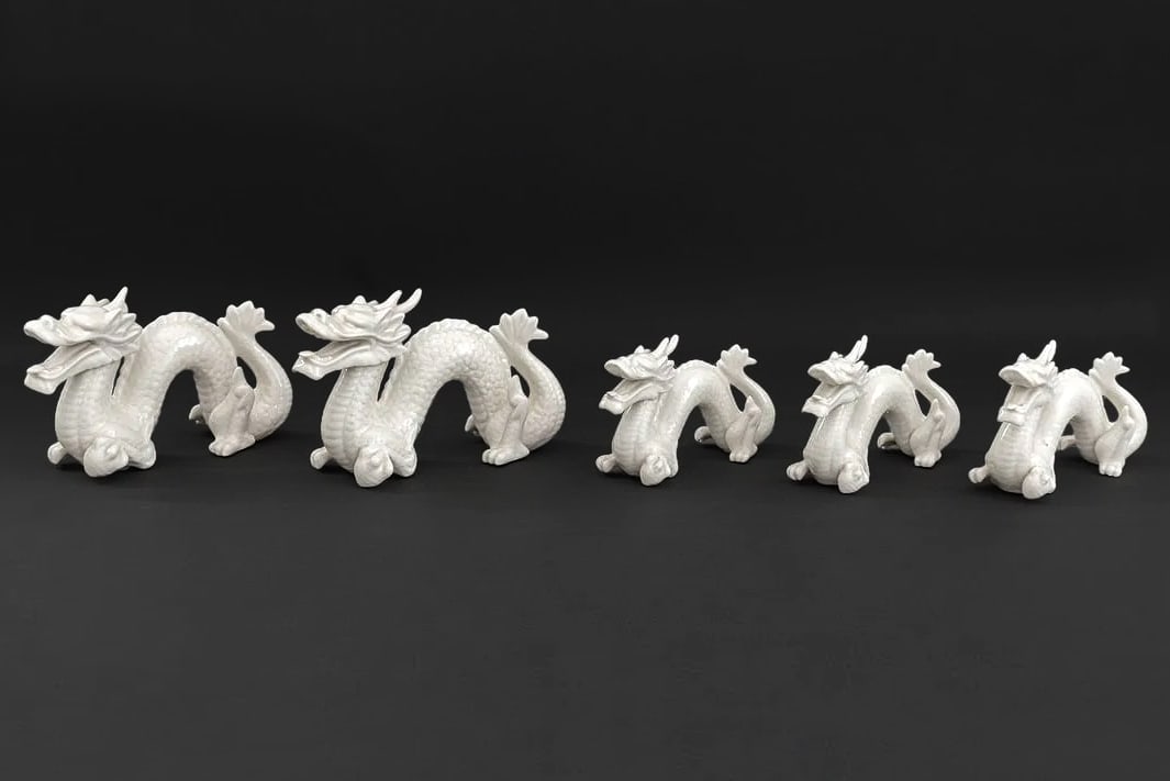 Japanese White Glazed Porcelain Dragon Figure, Small Sculptures Of Chinese Zodiac Sky Serpents Loong: Dimensions, Large Item Length 9 inches, Smaller Item Length 6.75 inches. All measurements are approximate. Dragon #1 has broken a horn, see last image. // Vintage 1950s or 1960s, Yoshimi K, Japanese W