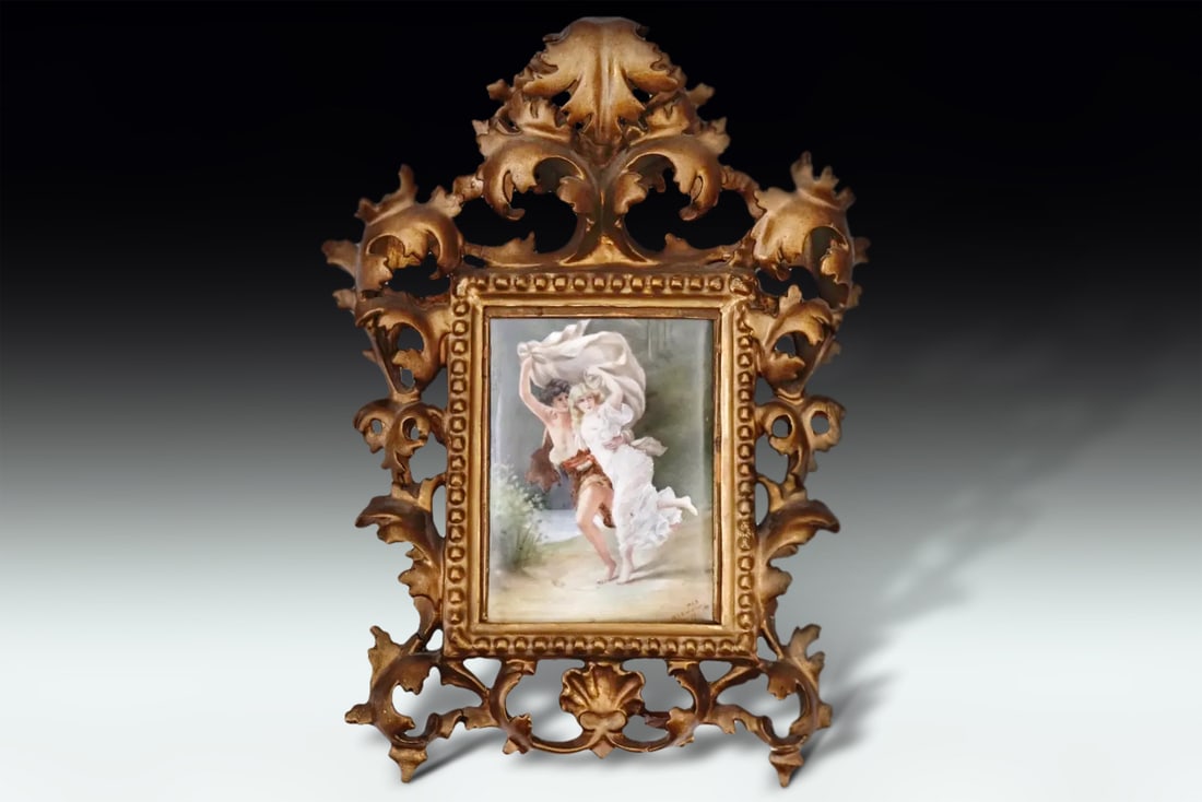 Antique 19th Century Pierre Auguste Cot Painting, The Storm, In A Limoges Porcelain Plaque, Framed: Dimensions, Image Without Frame 5.125 X 4 Inches, Equivalent To 13 X 10 Cm. All Measurements Are Approximate. Condition: The Overall Condition Is Good. Please Refer To The Images Provided. Frame Is Fr