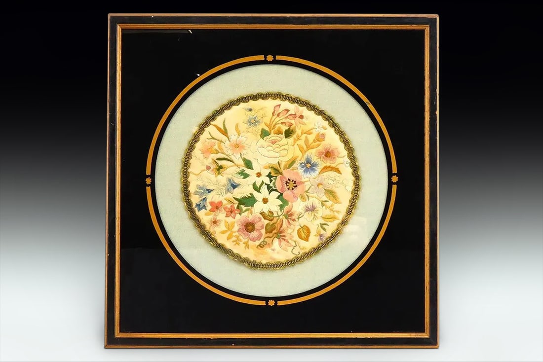 Antique 19th Century Europe Belgium Embroidery Art, Framed A Round Shaped Still Life With Blossoming: Dimensions: Framed 13 x 13 inches. Image D 6.75 inches. All Measurements Are Approximate. Overall Good Antique Condition. Signs Of Wear And Age. Refer To Photos. Sold As Is. An Antique Belgian Hand Em