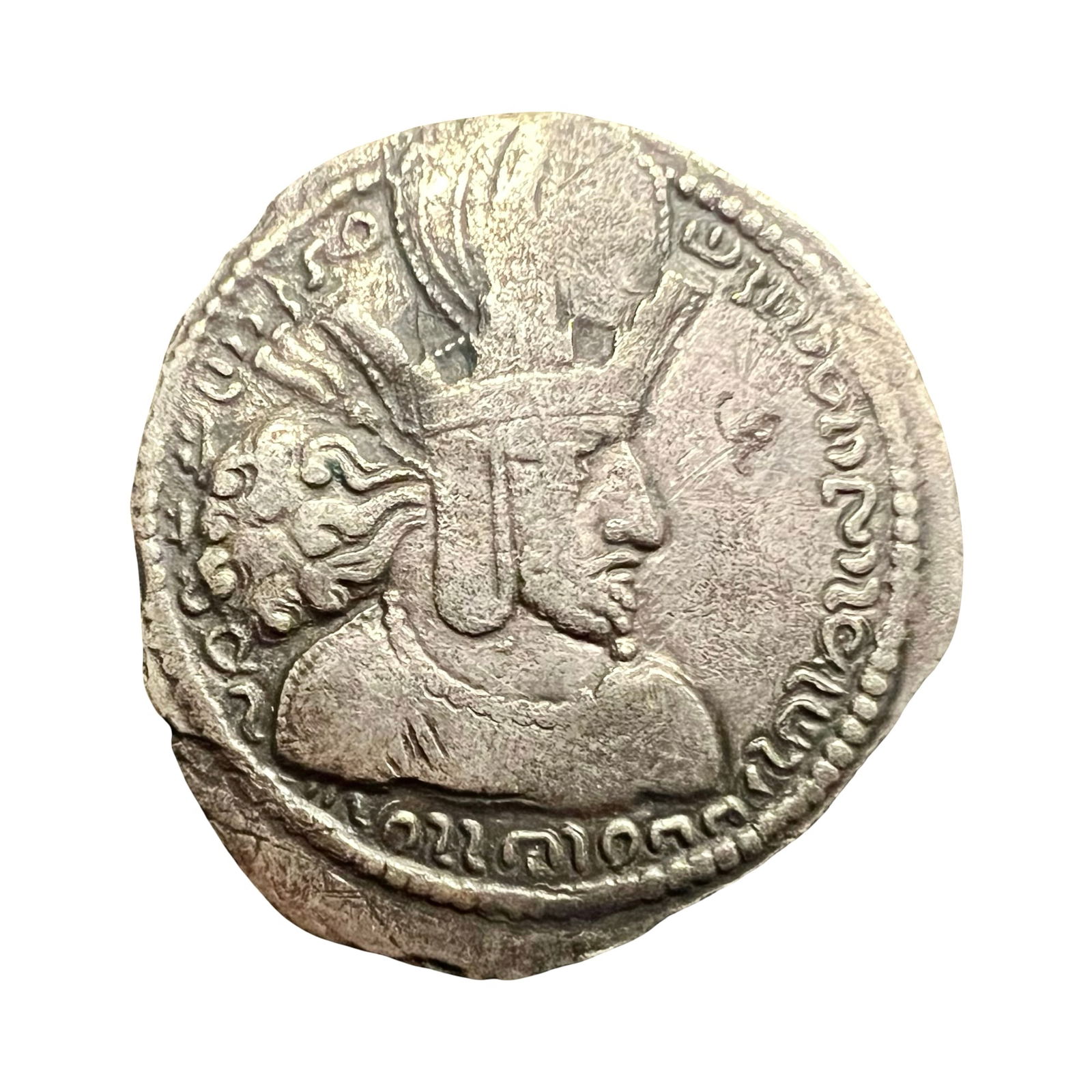SASANIAN KINGS of PERSIA, Shapur: Diademed and draped bust of Shapur I to right, Year 240-270 ,4.2g ,wearing mural crown with a great korymbos on top and long earflaps; long beard with a ring and thick tufts of curly hair at the back;