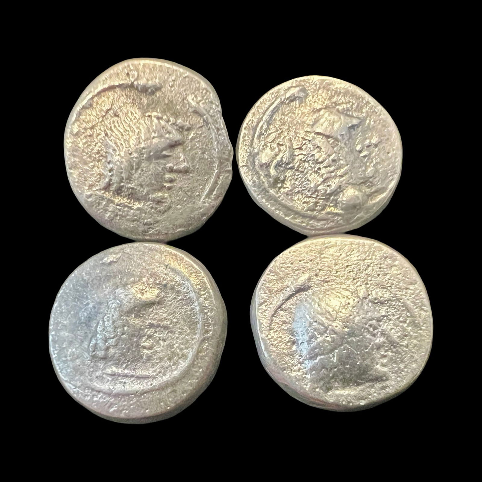 4 Ancient Himyarite Kingdoms, South Arabia Felix Silver Quinarius Coins.: 4 Ancient Himyarite Kingdoms, South Arabia Felix Silver Quinarius Coins, c.3rd century AD.