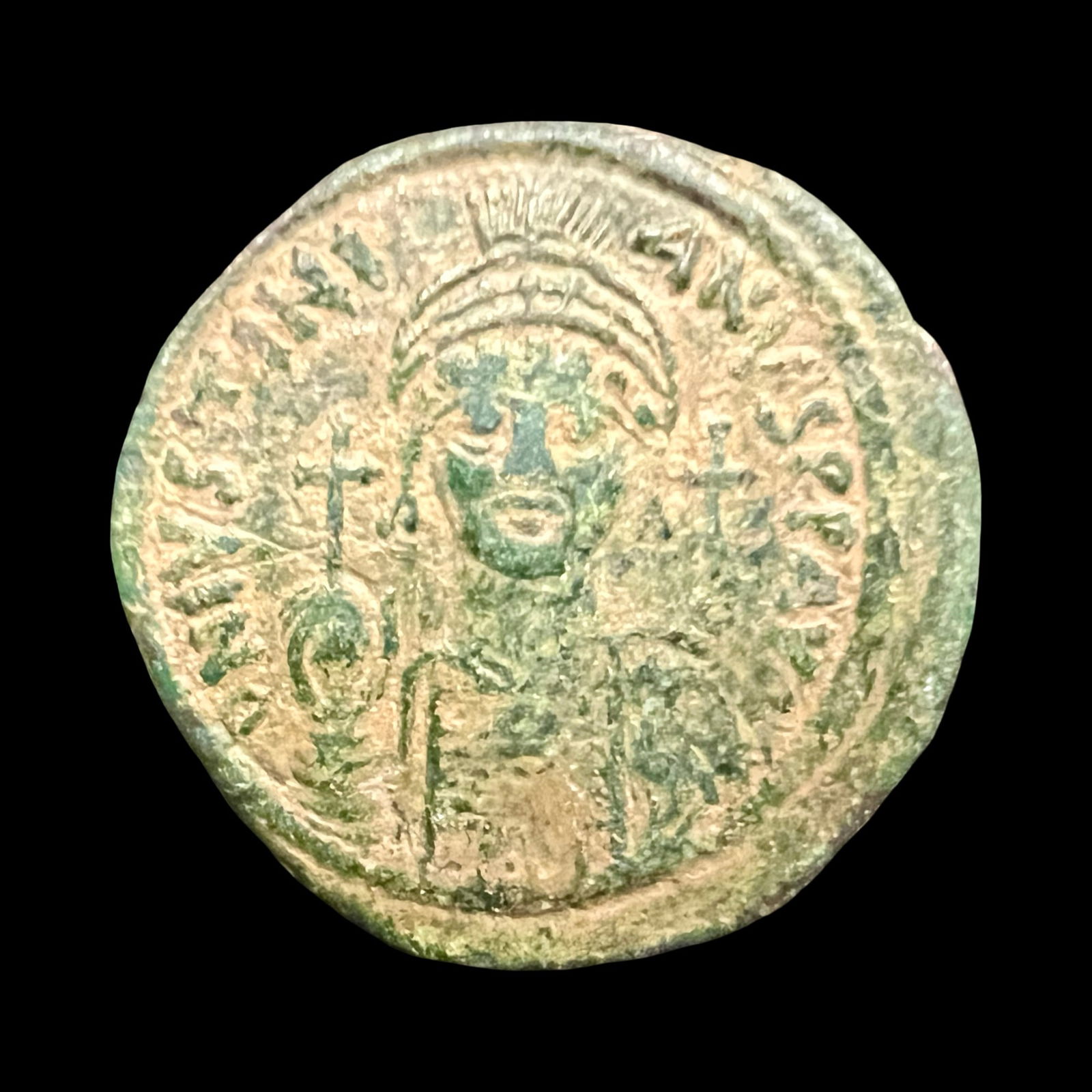 Ancient Byzantine Bronze Justinian I, AE Bronze Follis Coin. Ancient Numismatics And Collectibles: Justinian I. 527-565 AD. AE Follis (36mm, 19.4 grams, 7h). Nicomedia mint, 2nd officina. Dated RY 15 (541/2). Helmeted and cuirassed facing bust, holding globus cruciger and shield; cross to right / L