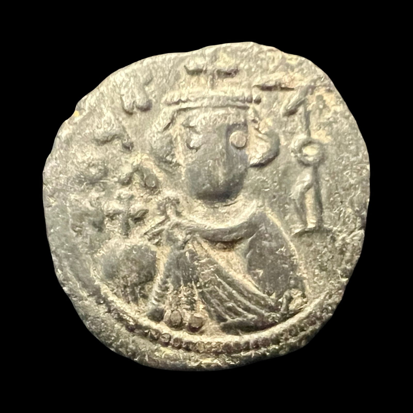 Arab Byzantine Fals, circa AH 19-39 / AD 641-660. Ancient Numismatics And Collectibles: ARAB-BYZANTINE. AE fals. Hims (Emesa). 4.6 grams. Diameter 22 mm. Facing imperial bust, holding globus cruciger to left, bi-hims to right. R: arge m; star between two scroll ornaments above, VF. // An