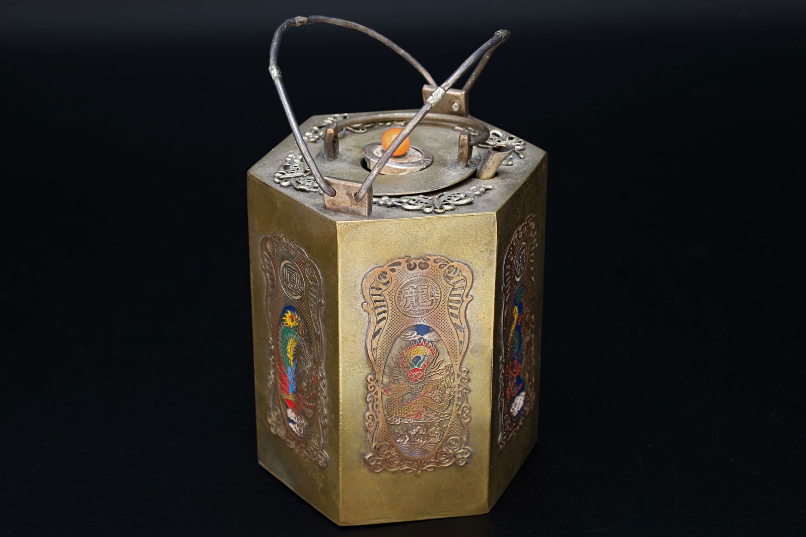 Antique 1900s Chinese Teapot, Used As Sake Warmer Pot Jug, Mixed Metals, Brass And Enamel, Oriental: Dimensions Diameter 2.75 inches, Height 5.25 inches. All measurements are approximate. Superficial wear and age. Lost Enamel, Fading Tones, As Expected. It Has A Hallmarks At Bottom. Antique Circa 190