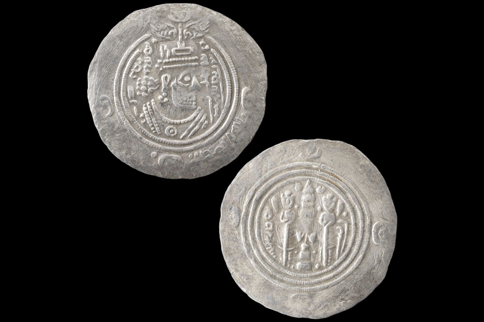 Islamic Drachm Silver Coin Arab Sassanian, Umar b Ubayd Allah, AR Drachm Circa 688 AD, Bishapur Mint: Dimensions, Diameter 30 mm, Weight 4.82 grams. All measurements are approximate. Umar b Ubayd Allah, AR drachm, BYSH Mint of Bishapur BYSH, Year AH 69 (688 AD). Rare Coinage And In Very Good Condition