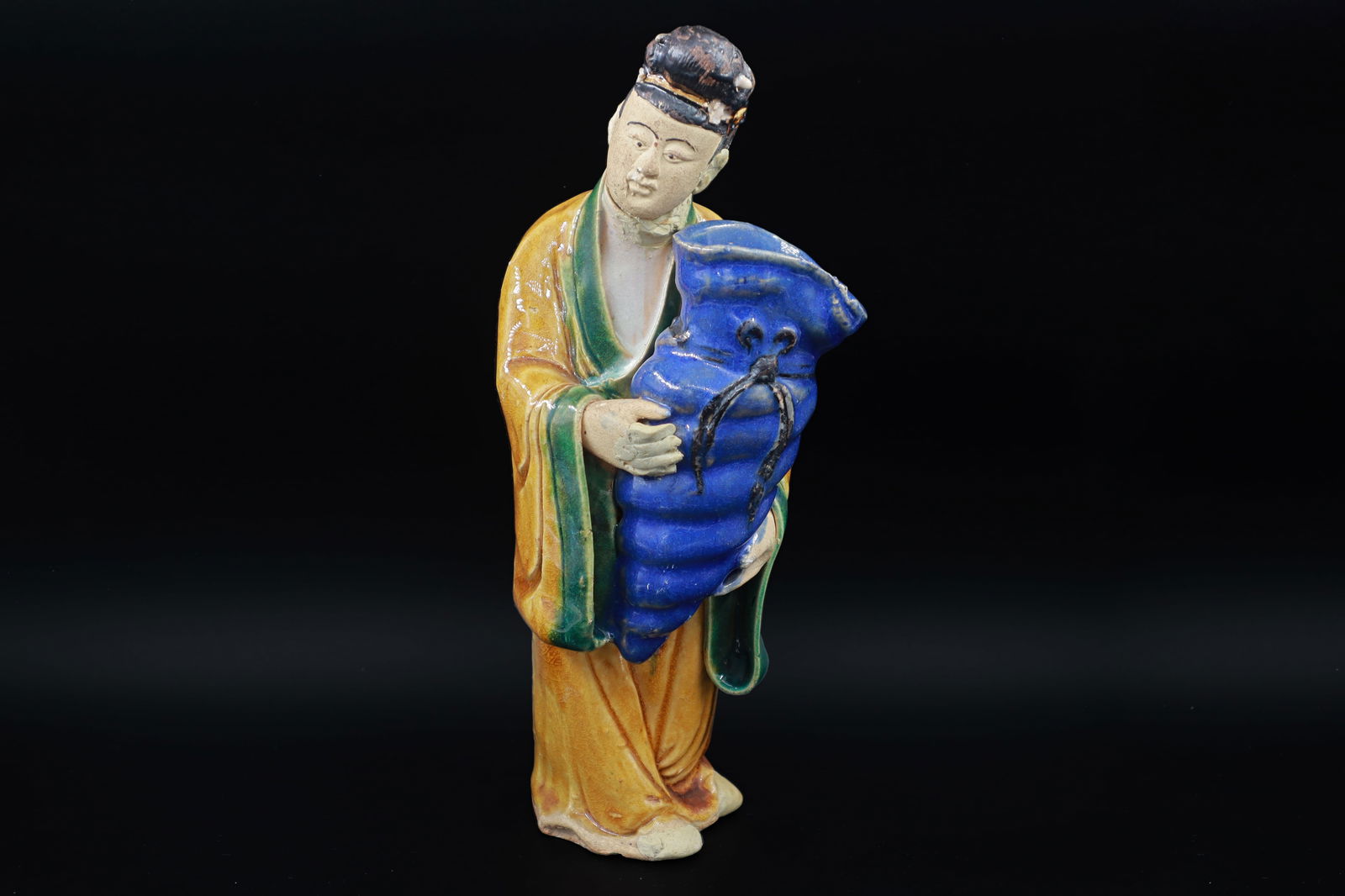 Vintage Chinese Shiwan Statuette Of Confucian Scholar Student With Purse, Glazed Ceramic Figure Art: Dimensions, Height 8 inches. All measurements are approximate. Surface wear and aging. Sold as is. Vintage Chinese Shiwan Statuette Of A Confucian Scholar Student With Oversize Blue Purse, Glazed Cera