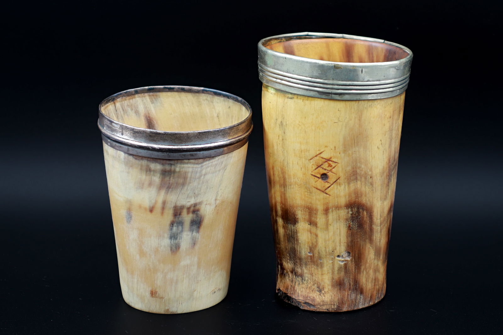 Antique 1800s Or Earlier England, Pair Of Beaker Cups, Georgian Era, Horn Body And Silver Upper Rims: Dimensions, Height 4.25 inches, Height 3.5 inches. All measurements are approximate. Surface wear and aging, Sold as is. Antique 1800s Or Earlier England, Pair Of Beaker Cups, Georgian Era, Horn Body