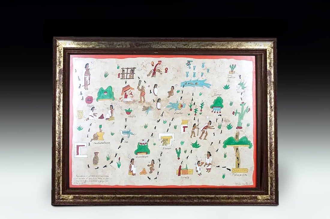 Aztec Pictograph Codex Page, A Handmade Copy By Archaelogist Julio Jorge Celis Polanco, Prehispanic: Dimensions Framed: 28 x 20 inches. All measurements are approximate. A Vintage Watercolor And Ink Painting, Signed. Aztec Pictograph Codex Page, A Handmade Copy By Archaeologist Julio Jorge Celis Pola