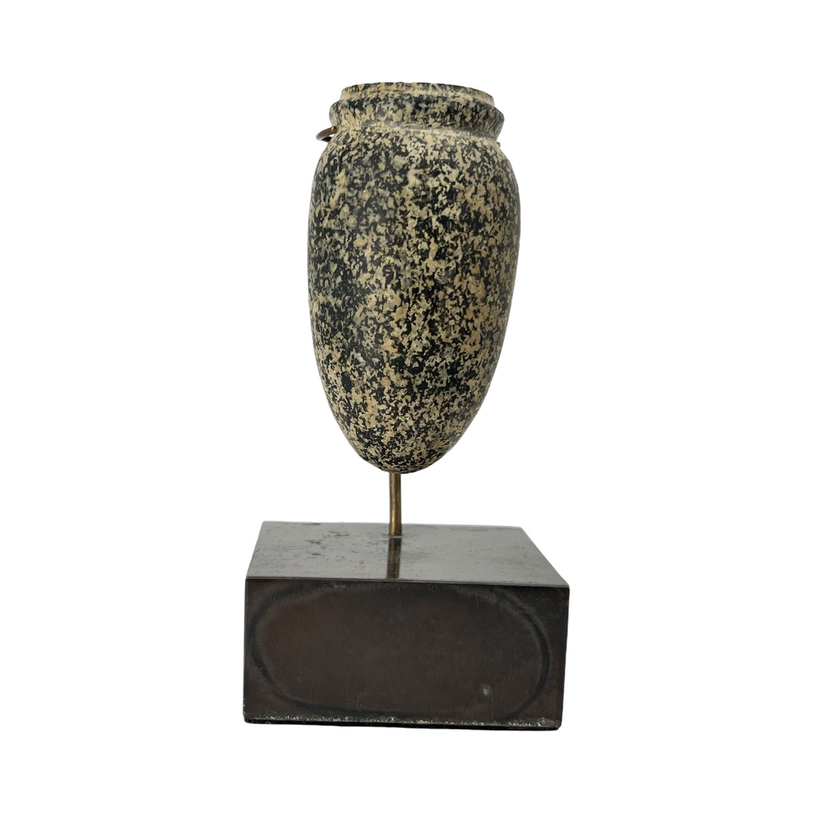 Egyptian Diorite Stone Jar, c. 3200- 2700 B.C.: Egyptian Diorite Stone Jar, Predynastic to Early Dynastic, c. 3200- 2700 B.C. Of ovoid form, rounded base, tapering towards the disk rim. Size: 7,8 cm x 4,5 cm (12 cm with stand) Provenance: Ex Privat