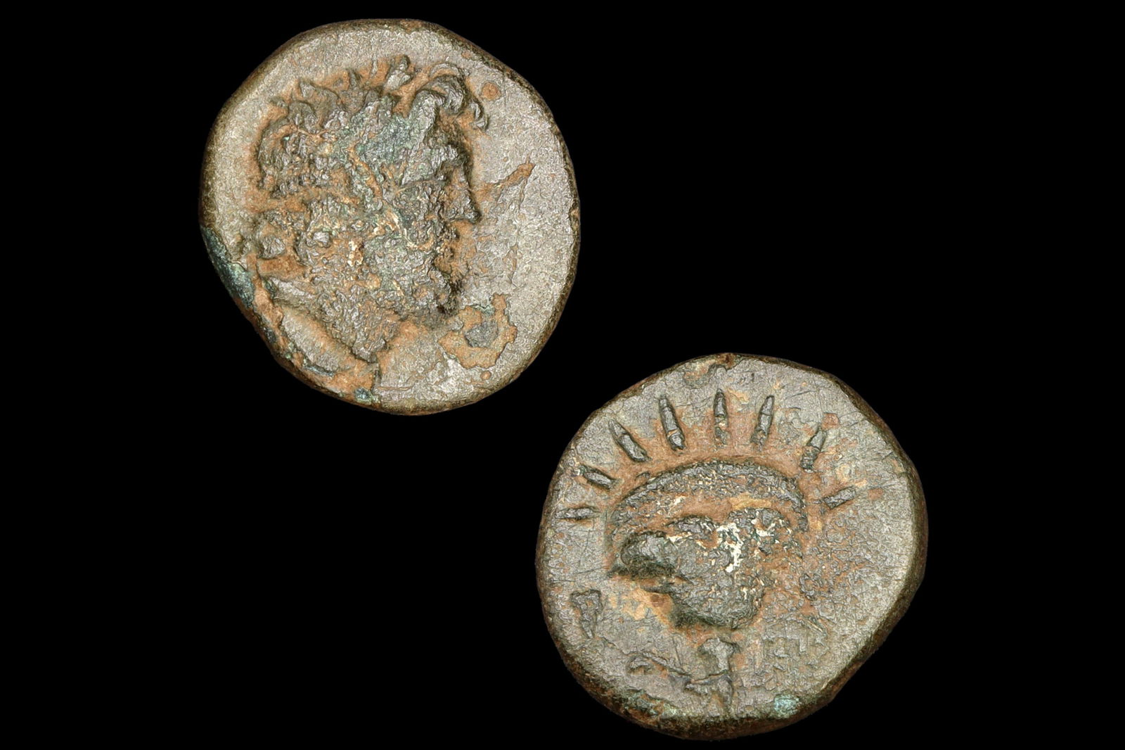 Ancient Rhodes Caria, 188 BCE To 84 BCE Bronze Hemidrachm Diobol Coin, Zeus And Rose With Rising Sun (1 of 4)
