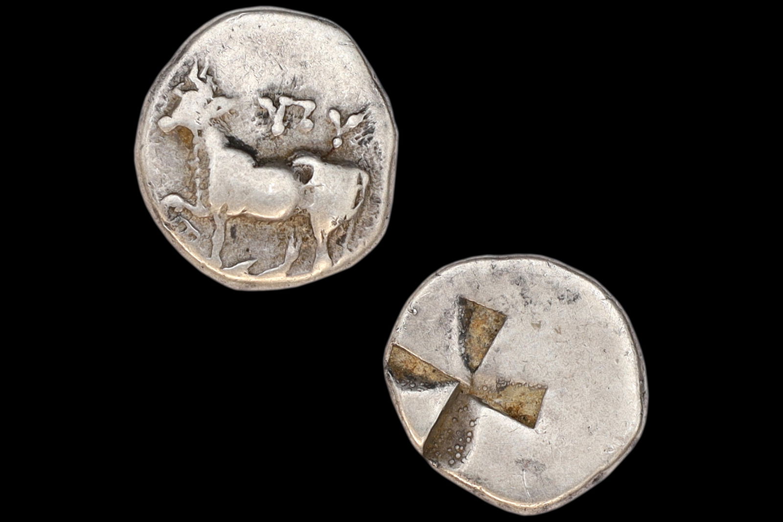 Ancient 4th Century BCE Greek Coin Siglos, Byzantion Thrace Silver Coin, Bull Standing And Mill Sail: Dimensions, Diameter 16mm, Weight 3.68 grams. All measurements are approximate. ONE COIN. Sold exactly as pictured. Ancient 4th Century BCE Greek Coin Siglos, Byzantion Thrace Silver Coin, Bull Standi
