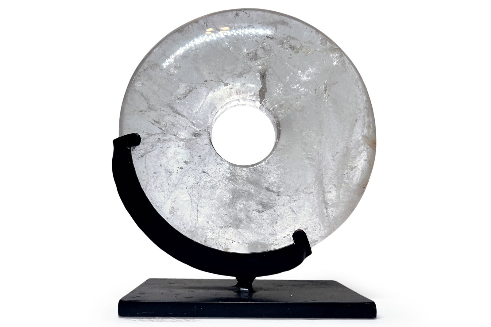 Rock Crystal Bi Disc On Stand, A Grade Quartz Donut Stone From Brazil With Table Display Accessory: Rock Crystal Bi Disc On Stand, "A" Grade Quartz Donut Stone With Oculus, Cut from Brazil With Table Display Accessory. Size: 20 cm diameter, H 25cm. // DISCLAIMER: Read The Description And Watch Caref