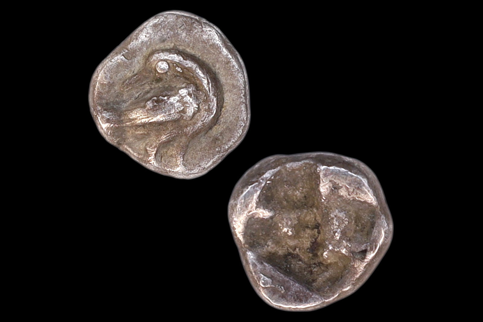 Eion Macedonia 480 BC Silver Coin Hemiobol, Goose Standing And Geometric Incuse, Greece Numismatics: Eion Macedonia 480 BCE To 470 BCE Silver Coin Hemiobol, Bird Goose Standing To The Right But Head Facing Opposite To Left. Geometric Incuse Rough, Square. Numismatics Antiquities, Ancient Stater Drach