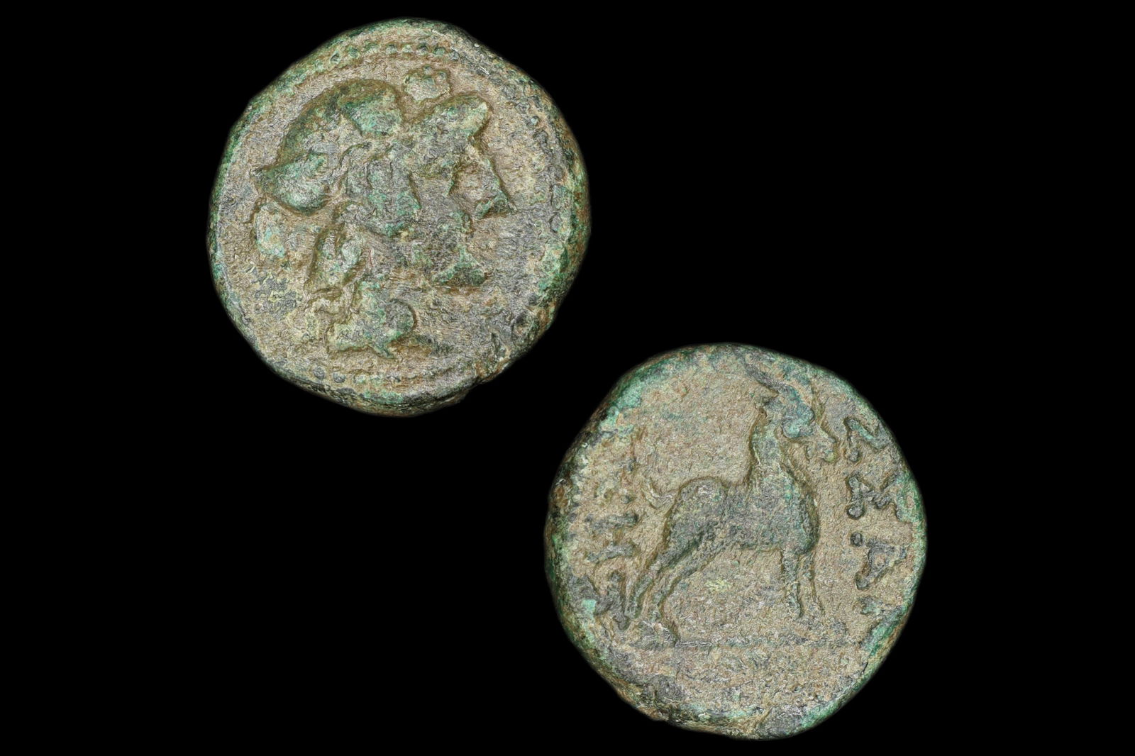 Greek Macedon, Thessalonica, Circa 187 BC, Bronze Coin Dichalkon, Wreathed Head Of Dionysos And Goat: Dimensions, 18 mm, Weight 5 grams. All measurements are approximate. Sold exactly as pictured. Ancient Greek Macedon, Thessalonica, Circa 187 BCE To 167 BCE, AE Bronze Dichalkon Coin Of A Drachm, With