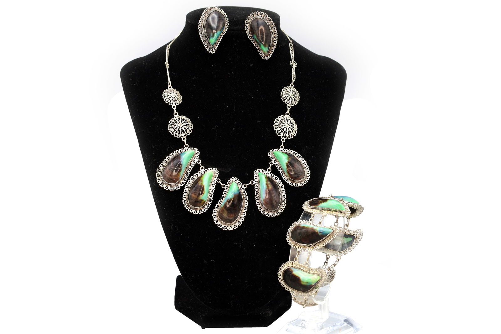 Art Deco Jewelry Set, Necklace, Bracelet And Earrings, Portuguese 800 Silver And Mussels Shells: Dimensions, Necklace Length 16.5 inches, Bracelet Length 8 inches. Weight 38 grams. All measurements are approximate. Sold As Pictured, Normal Surface Wear And Aging. SUPER RARE, Handmade Art Deco Jew
