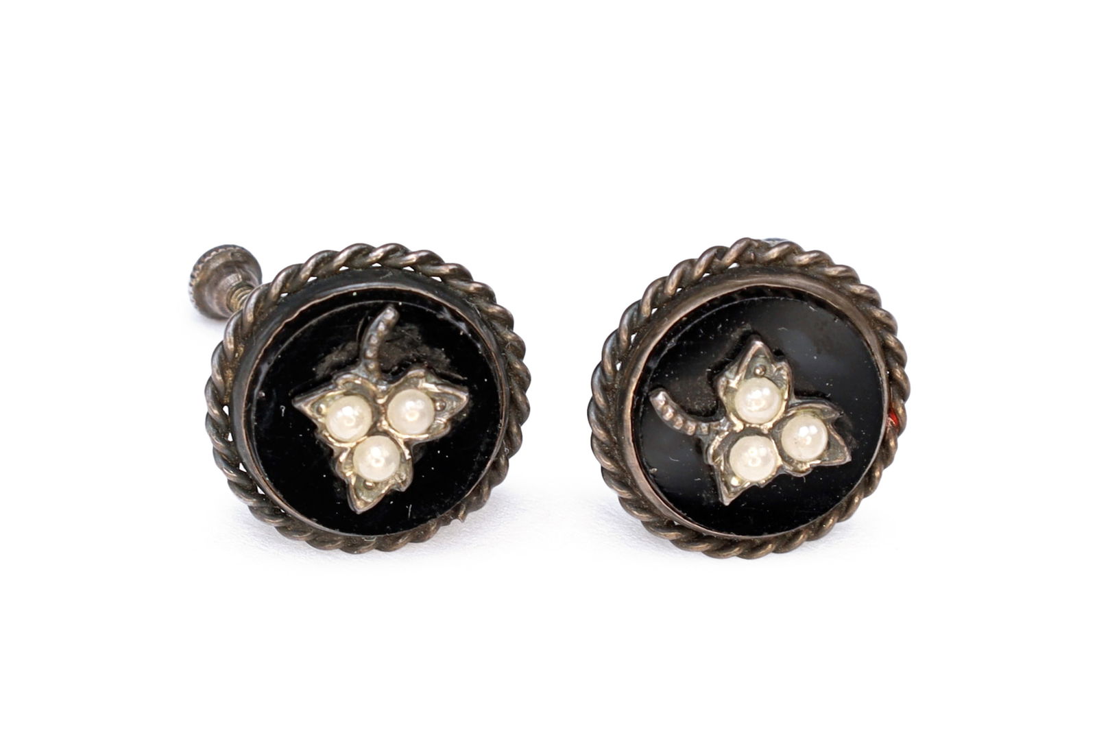 Victorian Era Jewelry, Mourning Screw Back Earrings, Black Onyx And Seed Pearls On Sterling Silver: Dimensions Main Panel Diameter 17mm. All measurements are approximate. Normal Surface Wear And Aging, Scuffs And Tiny Chips On Edges, Patina, Sold Exactly As Pictured. Victorian Era Jewelry, Mourning