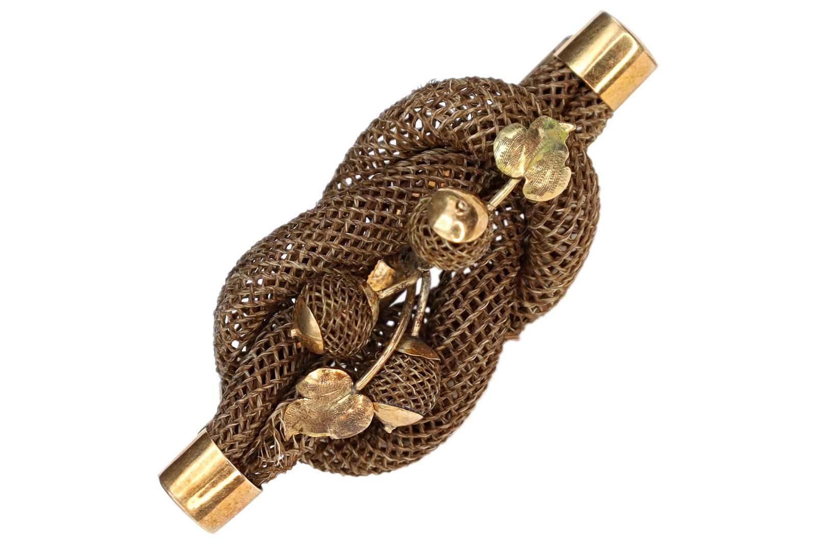 Victorian Era 1880s Jewelry 9 Karats Gold Brooch, Braided Infinite Interlocking Symbol, Memento Mori: Dimensions Length 1.85 inches. All measurements are approximate. Sold as pictured. Item is in antique condition with wear and aging. Europe 19th Century, Victorian Era 1880s Jewelry 9 Karats Gold Broo