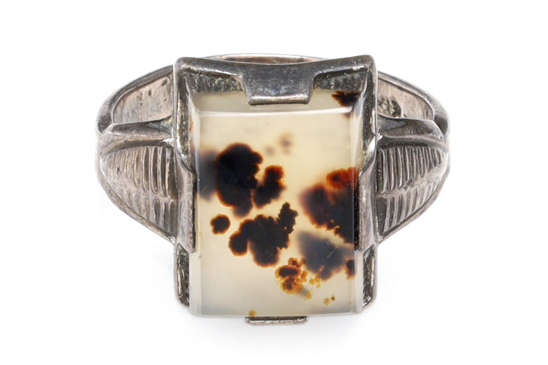 Uncas Jewelry, Sterling Silver And Moss Agate Ring Size 4 With Jeweler Hallmarks, Art Deco Fashion (1 of 5)