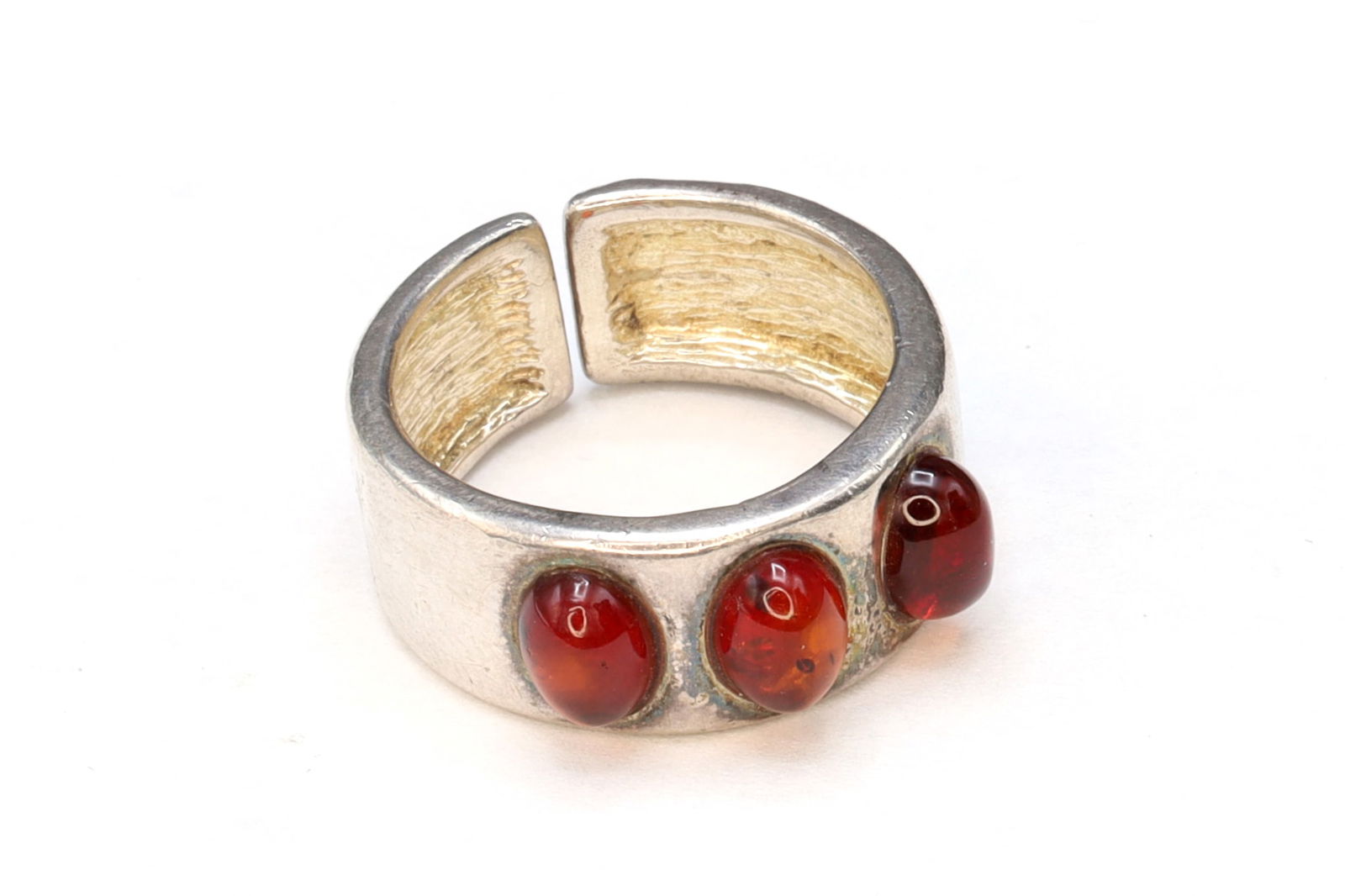 Baltic Amber And 925 Sterling Silver Ring, Modernist Band Ring Size 8 With Amber Cabochons, Breslau (1 of 3)
