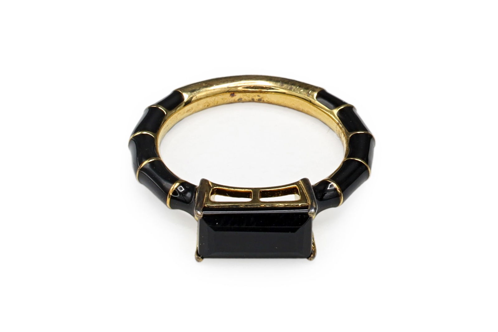 Vintage Solitaire Ring Size 6, Probably Ross Simons, Carved Baguette Onyx Ring with Black Enamel (1 of 3)