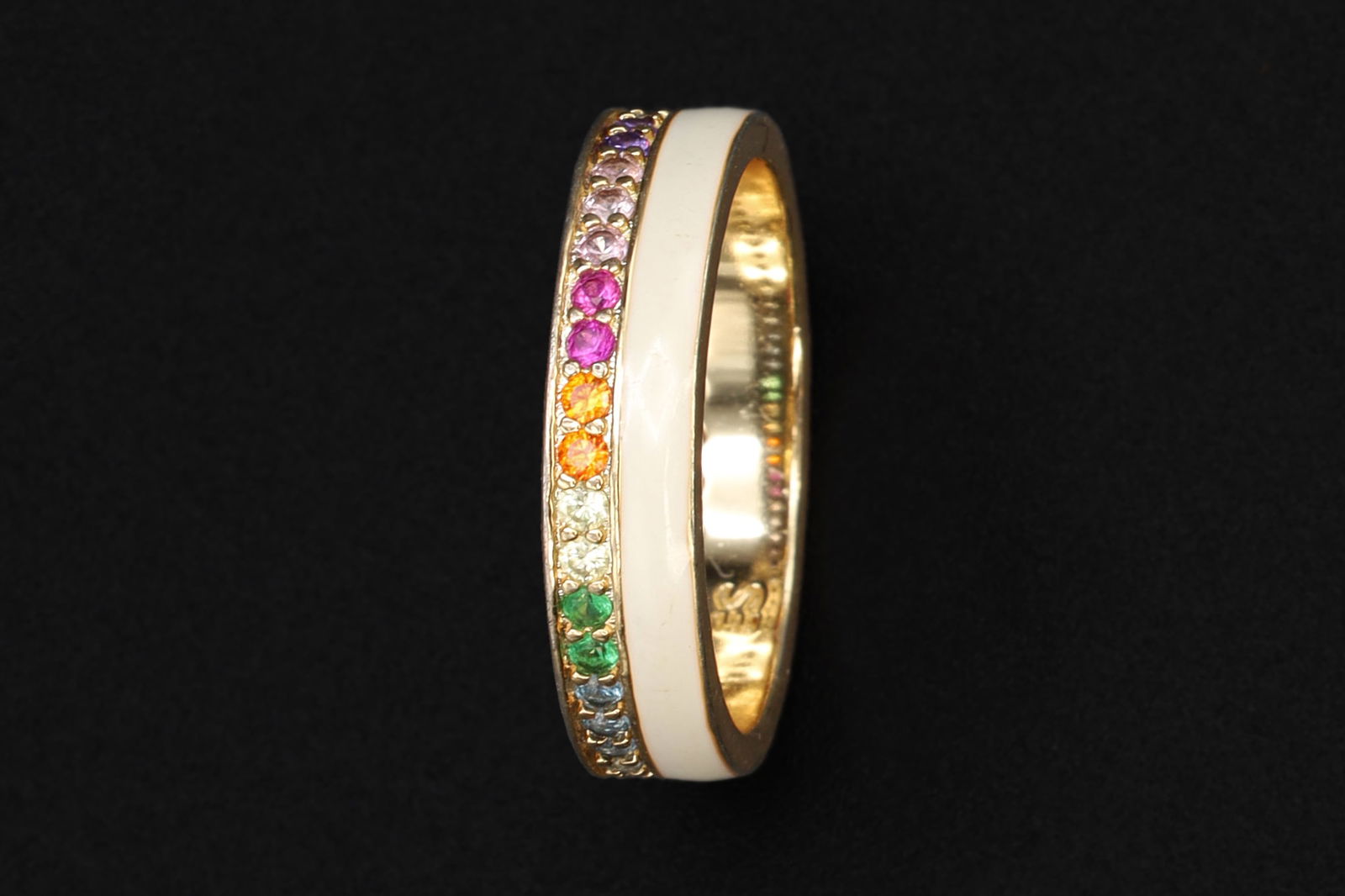 Rainbow Band Ring With Pave Sparkling Stones And Enamel Accent, Size 7 USA Charts, Wide 4mm Marked (1 of 4)