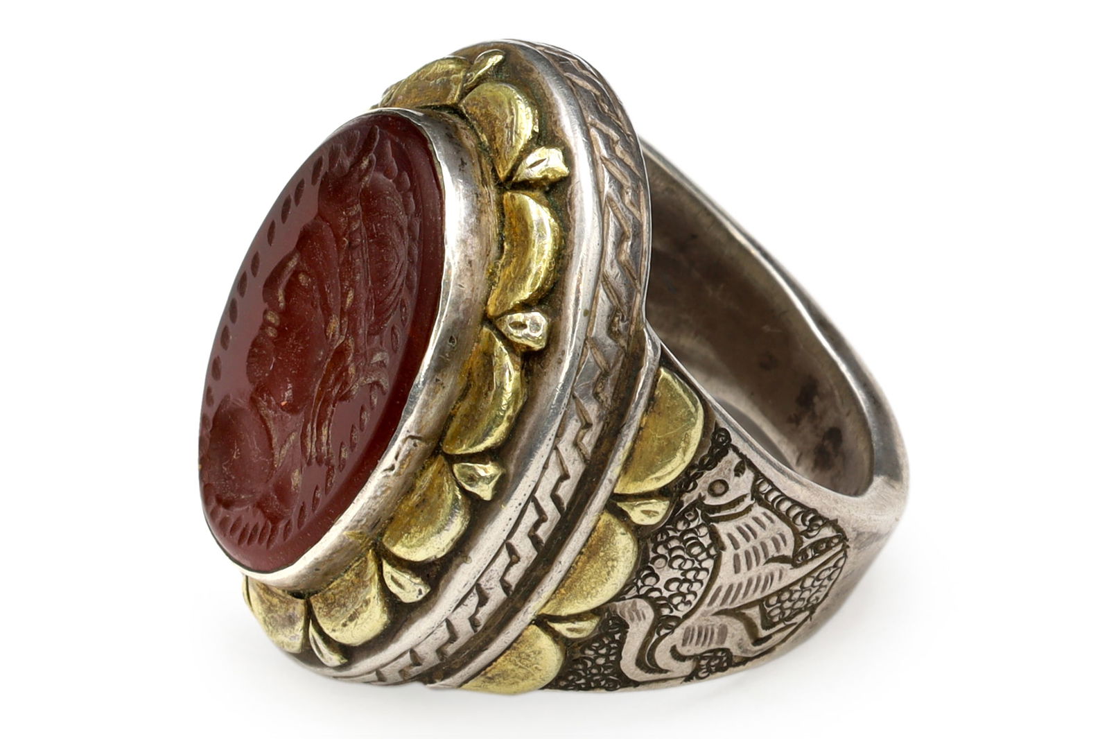 Carnelian Intaglio Cameo, Silver And Gold Ring Size 10, Mens Jewelry, Middle East 19th Century (1 of 5)