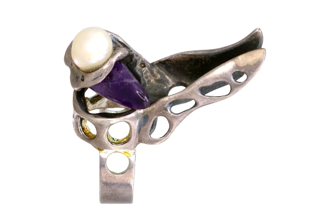 Vintage Brutalist Ring, Handmade Artisan Fashion Jewelry, Sterling Silver, Amethyst And Pearl: Vintage 1990s Brutalist Ring Size 9, Handmade Artisan Fashion Jewelry, 925 Sterling Silver, Irregular Shaped Purple Amethyst And Round Pearl Accent. Weight 20.4 grams. All Measurements Are Approximate