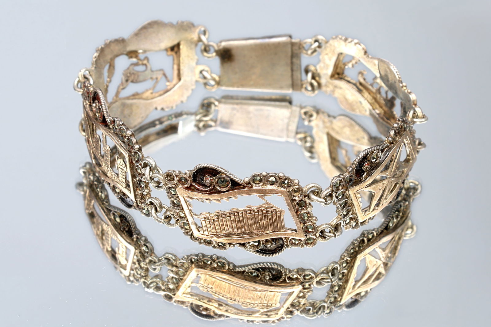 Art Deco Panel Bracelet, 900 Silver And Rose Gold. Ottoman Greek Jewelry From The Mid Century: Dimensions: Length 7.75 inches, Weight 21.75 grams. All measurements are approximate. Art Deco Panel Bracelet, 900 Silver And Rose Gold. Vintage Greek Jewelry From The Mid Century, Landmarks Of Greece