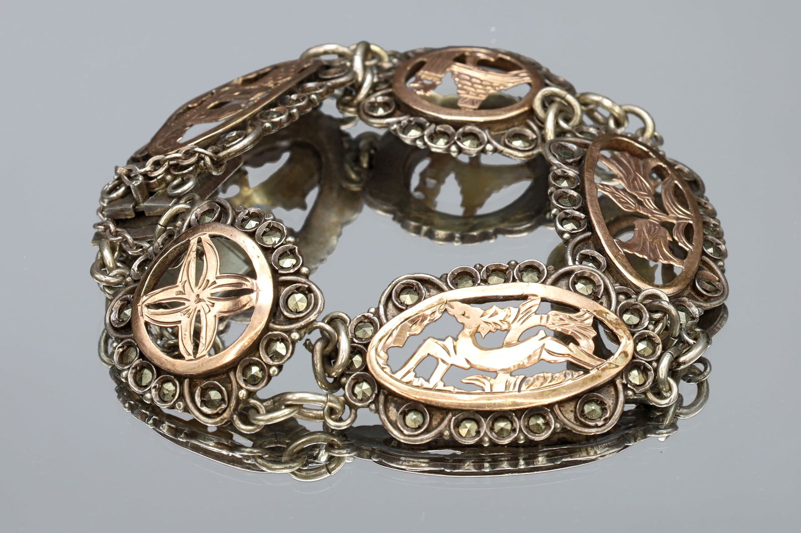 Art Deco Panel Bracelet, 900 Silver And Rose Gold. Ottoman Greek Jewelry From The Mid Century: Dimensions: Length 7.25 inches, Weight 20.15 grams. All measurements are approximate. Art Deco Panel Bracelet, 900 Silver And Rose Gold. Vintage Greek Jewelry From The Mid Century, Landmarks Of Greece