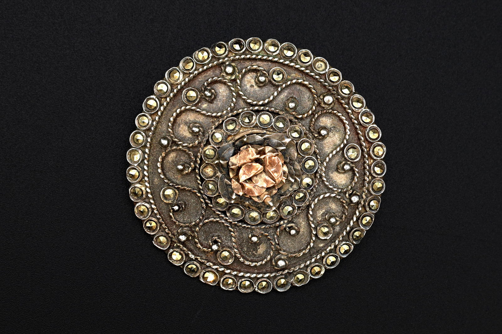 Art Deco Brooch Pin, 800 Silver And Rose Gold. Greek Jewelry, Mid Century Fashion Accessories: Dimensions: Diameter 4.5 centimeters, Weight 14.75 grams. All measurements are approximate. Art Deco Brooch, 800 Silver And Rose Gold. Vintage Greek Jewelry From The Mid Century, Retro Greece Handmade