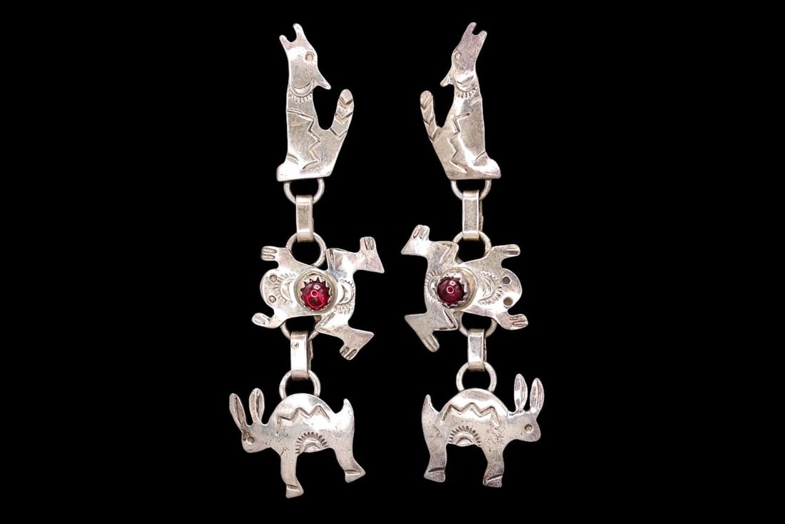 Vintage 1960s Southwestern Jewelry, Dangle Earrings, Native American Navajo Totem Animals, Sterling (1 of 4)