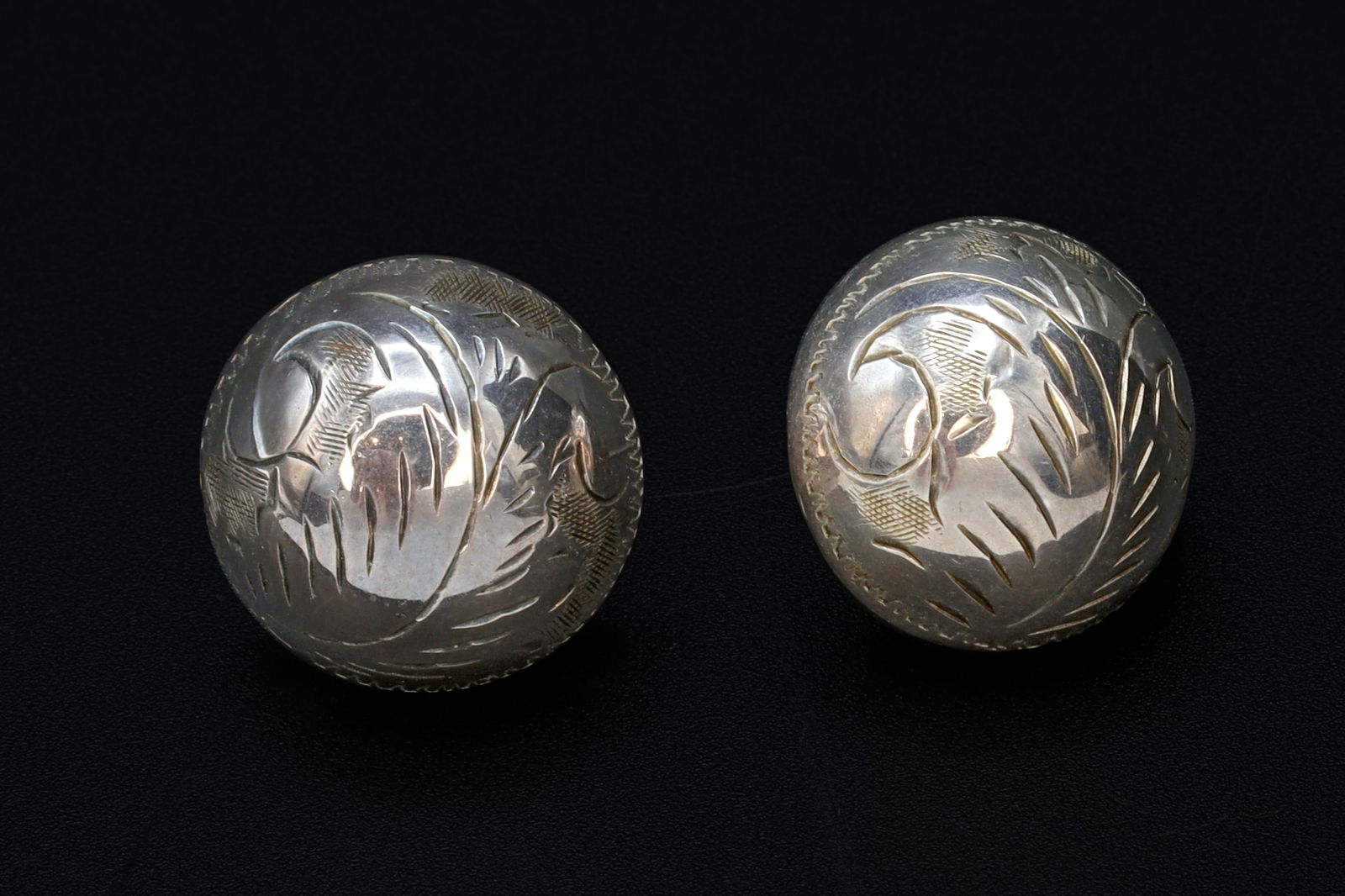 Large Stud Earrings With Southwestern Etched Design, Floral Scroll On 925 Sterling Silver Puffy Ball (1 of 4)