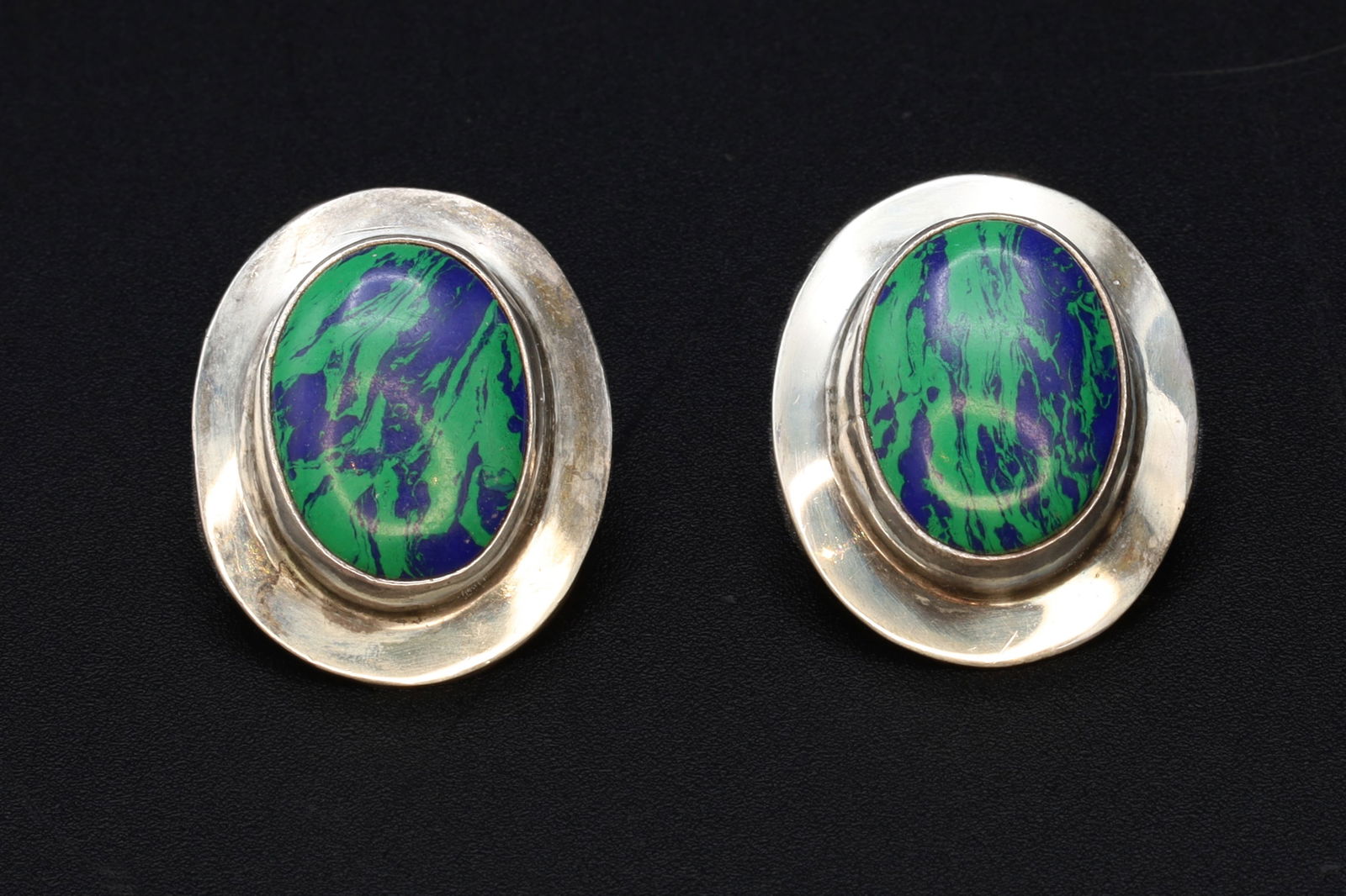 Retro Azurite Malachite Stud Earrings, Large 925 Sterling Silver Oval Studs With Zoisite Cabochons (1 of 3)