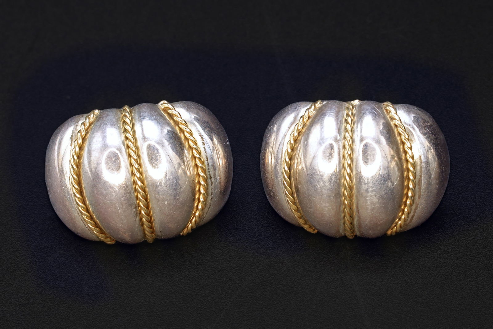 Brutalist Stud Earrings With Oval Concave Design And Gilt Twisted Rope Accents, Retro 1990s Fashion (1 of 3)