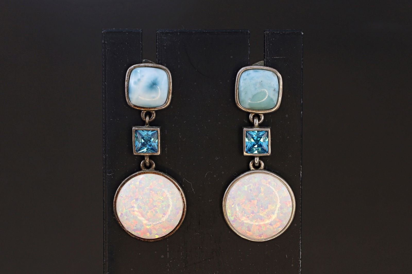 Avant Garde Drop Dangle Earrings, 925 Sterling Silver, Blue Larimar, Blue Topaz And Lab Opal Stones: Avant Garde Drop Dangle Earrings, 925 Sterling Silver, Blue Dominican Republic Larimar, Blue Topaz And Lab Opal Stones, Retro Fashion Jewelry, Vintage Dangles. Sold as pictured. Patina, surface wear a