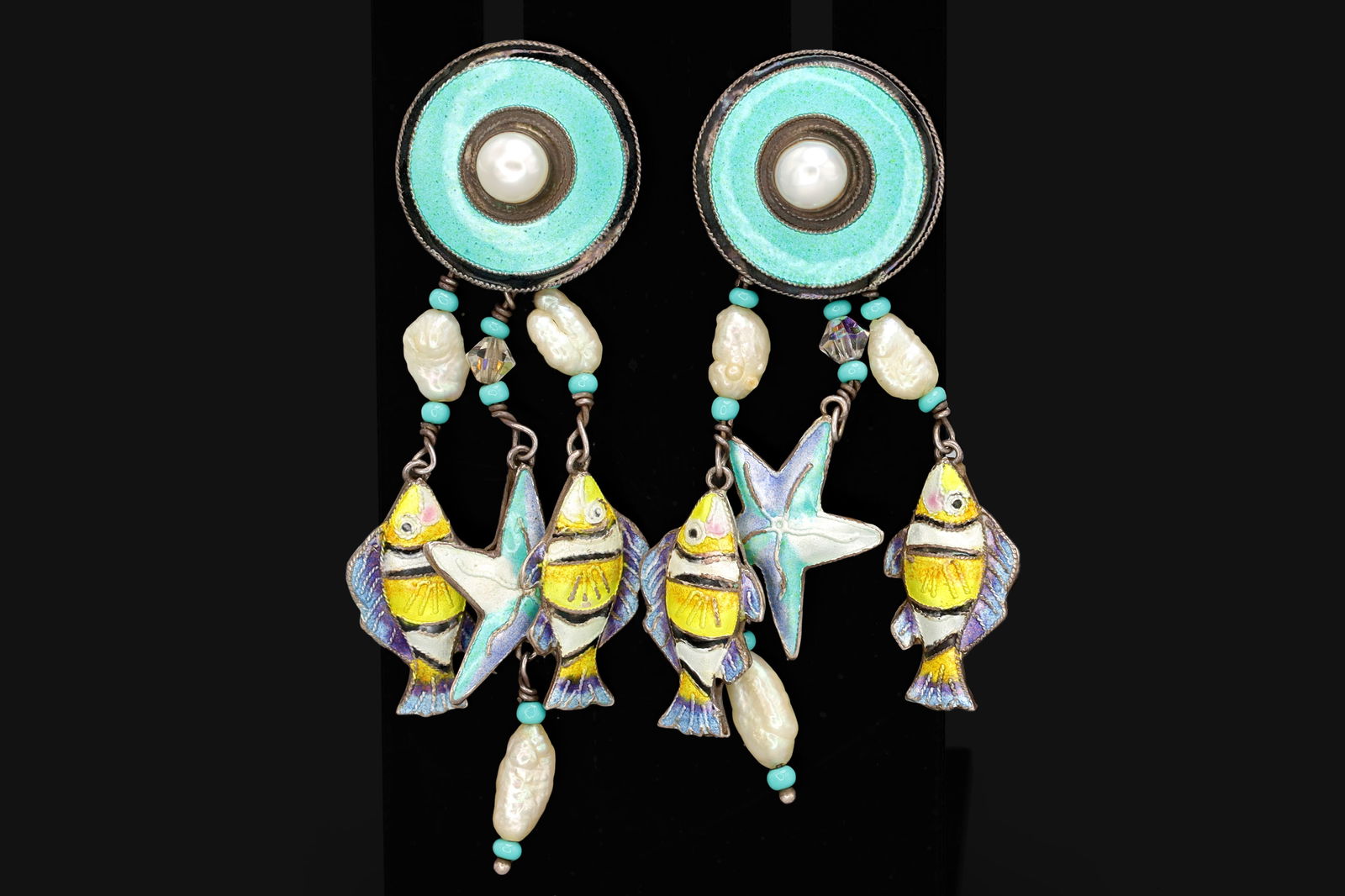 Rare, Vintage 1980s Nautical Sea Life Dangle Earrings, Enameled Sterling And Pearls, Retro Jewelry: Rare Finding, Vintage 1980s Nautical Sea Life Themed Dangle Earrings For Pierced Ears. Colorful Enamel On Fine 925 Sterling Silver, Turquoise Seeds, Faceted Glass And Water Pearls, Retro Fashion Jewel