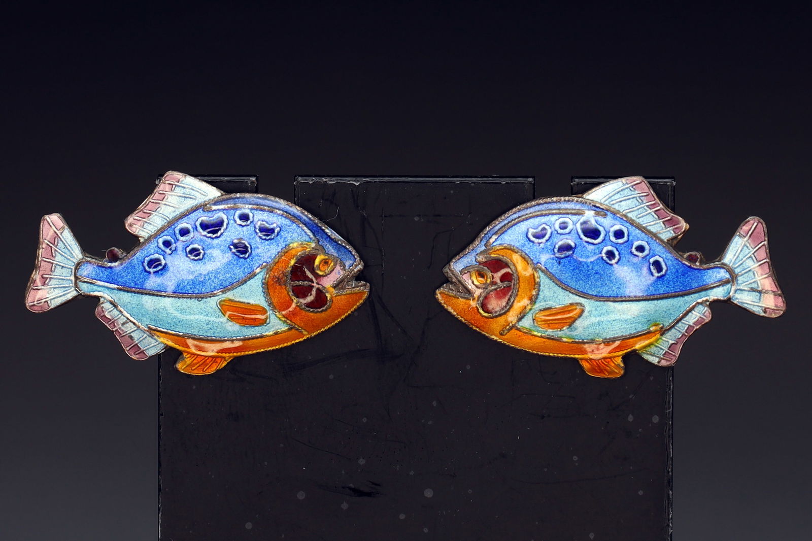 Large Stud Earrings, Multicolor Enamel On 925 Silver, Fish Animal Aquarium Sealife, Retro Modernist: Dimensions 30 x19 mm, All measurements are approximate. Large Stud Earrings, Multicolor Enamel On 925 Silver, Fish Animal Aquarium Sealife, Retro Modernist Designs On Vintage 1980s Womens Jewelry, Ret