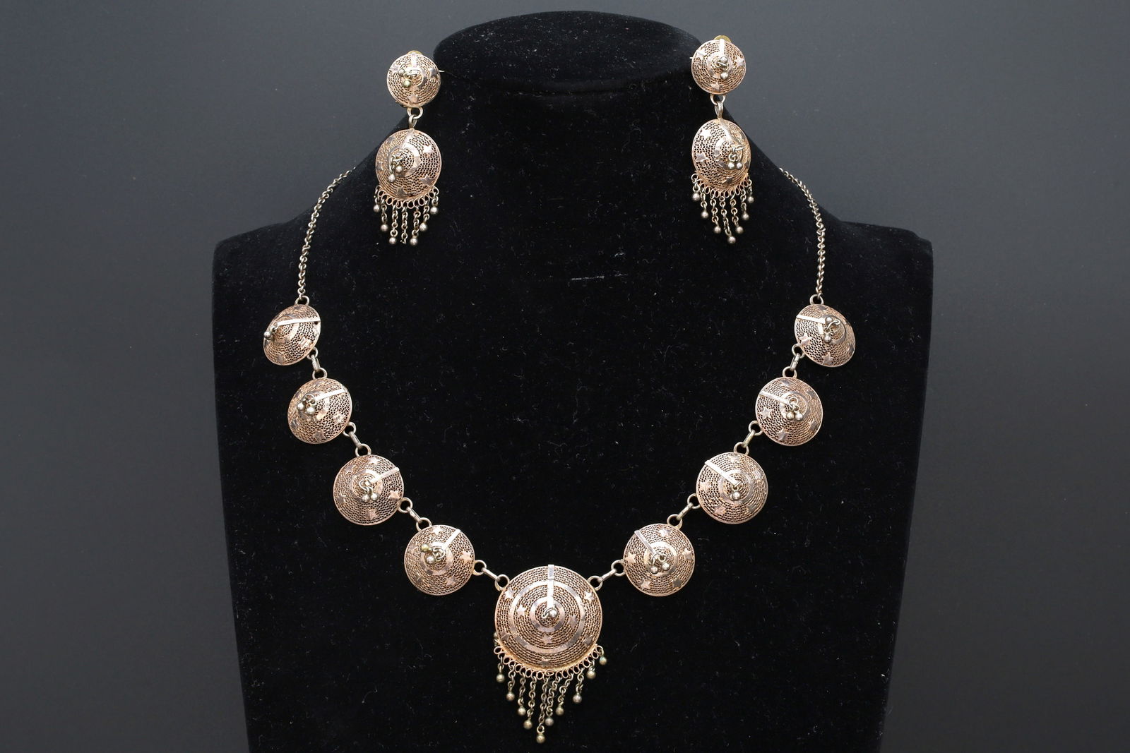 Portugal 1940s Art Deco Jewelry Set, Panel Necklace With Dangling Fringes And Earrings. 900 Silver (1 of 4)