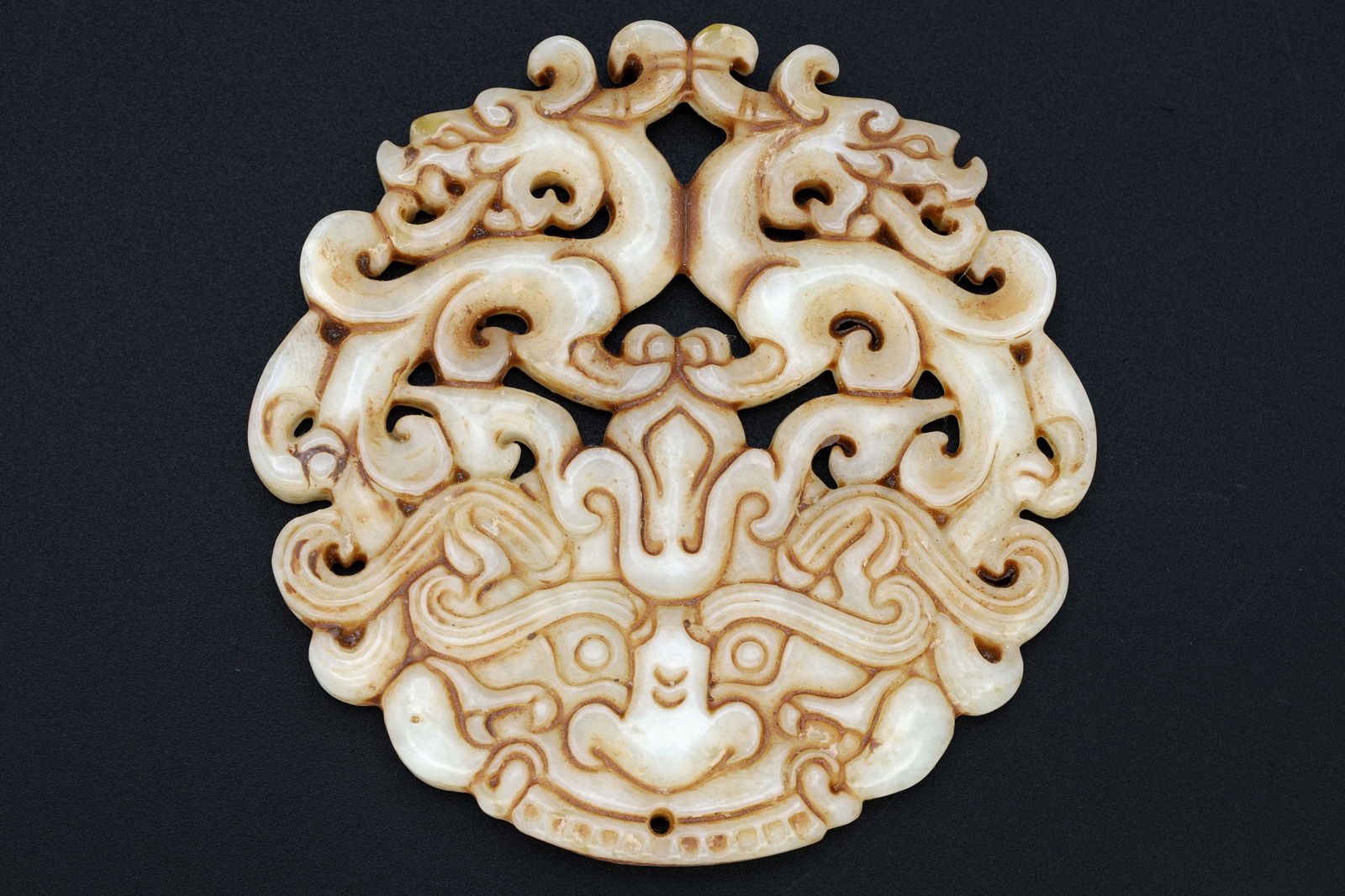 Chinese Round Amulet, Carved Stone Taotie Face Mythological Animals, Round Pendant Two Sided Dragons (1 of 4)