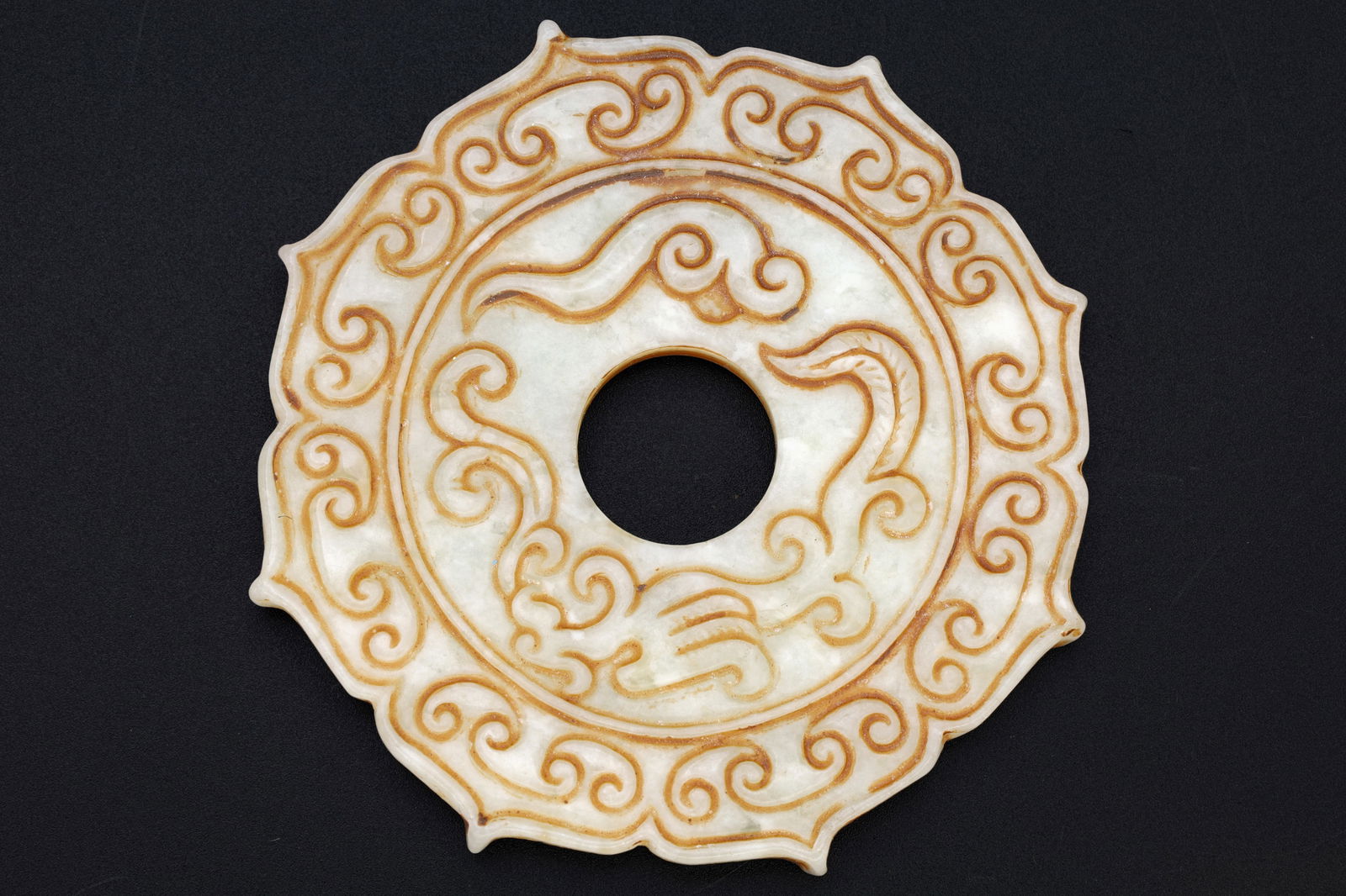 Chinese Round Amulet, Carved Stone Chilong Bi Disc Mythological Animals, Two Sided Round Pendants (1 of 4)