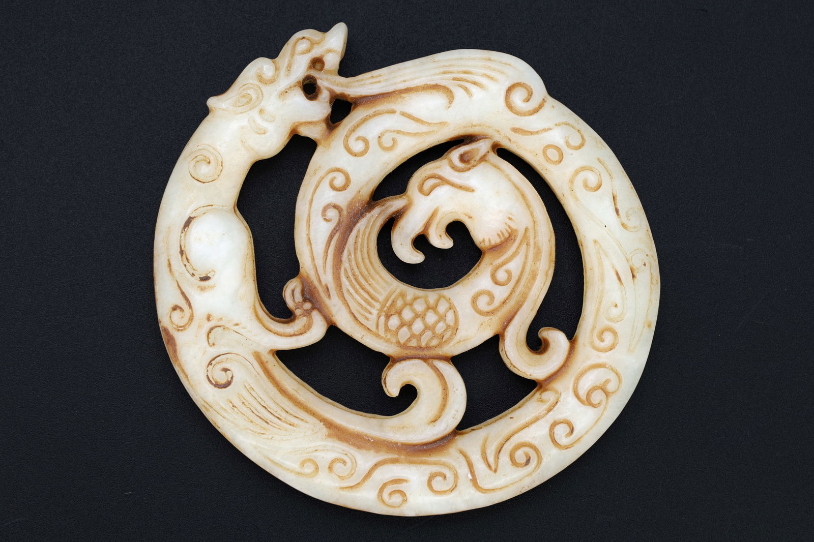Chinese Round Amulet, Carved Stone Dragon And Phoenix Mythological Animals, Two Sided Round Pendant: Dimensions, 2.55 x 2.75 inches. All measurements are approximate. Sold as pictured. Chinese Round Amulet, Carved Stone Dragon And Phoenix Mythological Animals, Two Sided Round Pendant. Feng Shui Orien