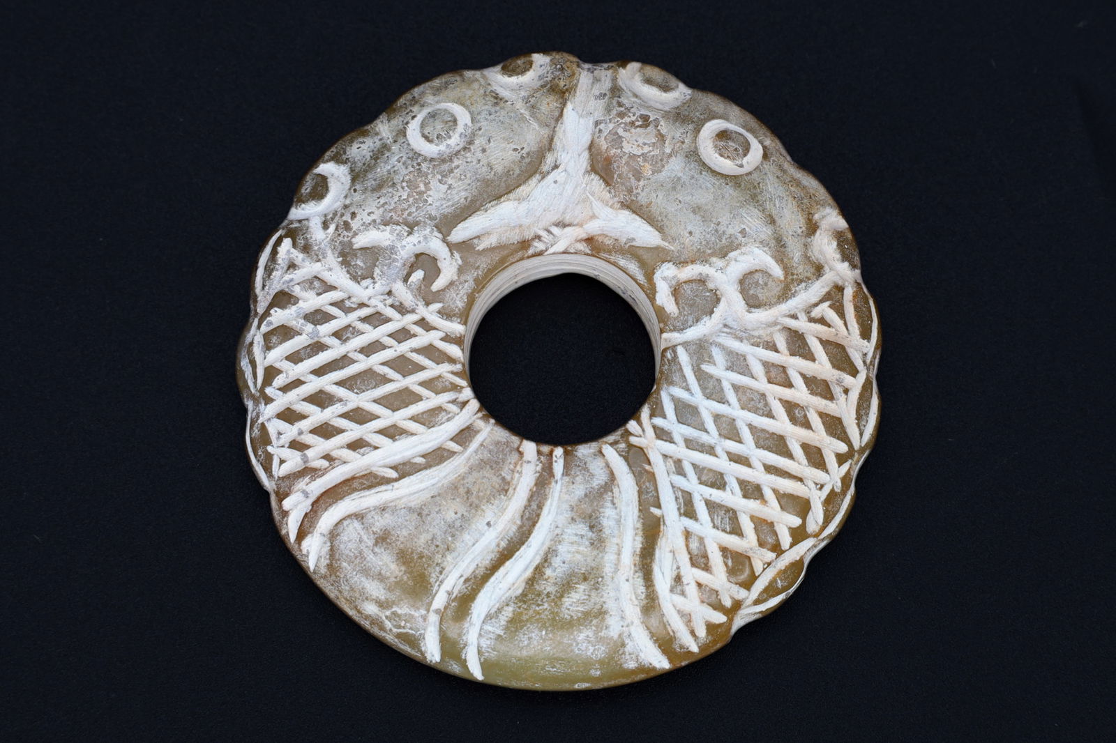 Vintage 1980s Pale Beige Pendant With Carp Koi Fish, Hand Carved Beige Jade Bi Disc, Chinese Zodiac: Dimensions, Diameter 2.5 inches, Weight 44 grams. All measurements are approximate. No material was tested, stone composition is unverified, not inspected. Vintage 1980s Pale Jade Pendant With Carp Ko